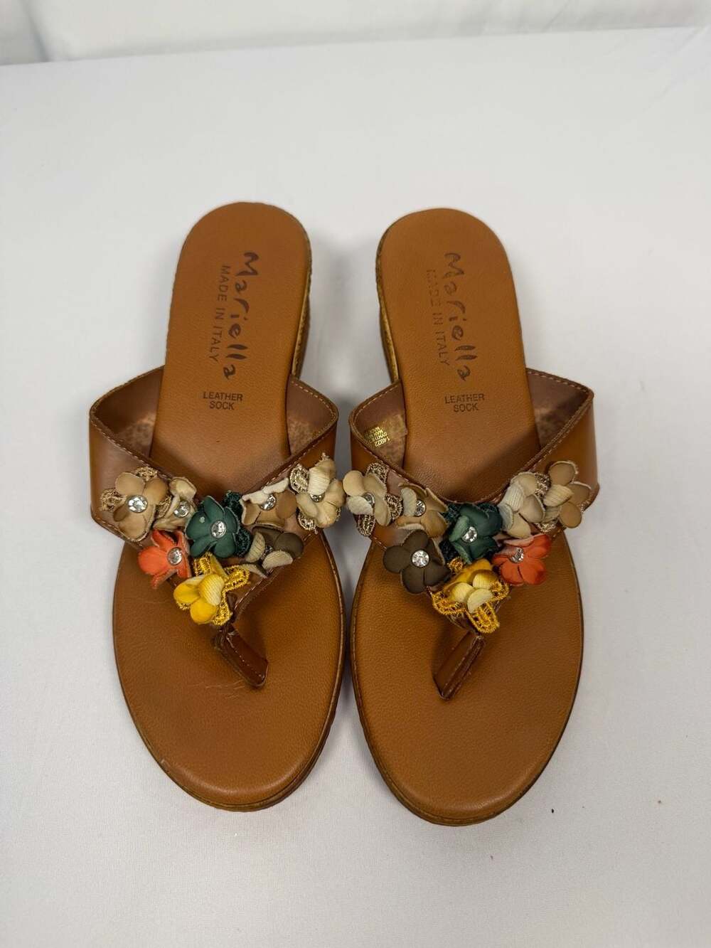 Mariella Made in Italy Floral Embellished Wedge Sandals Size 8M
